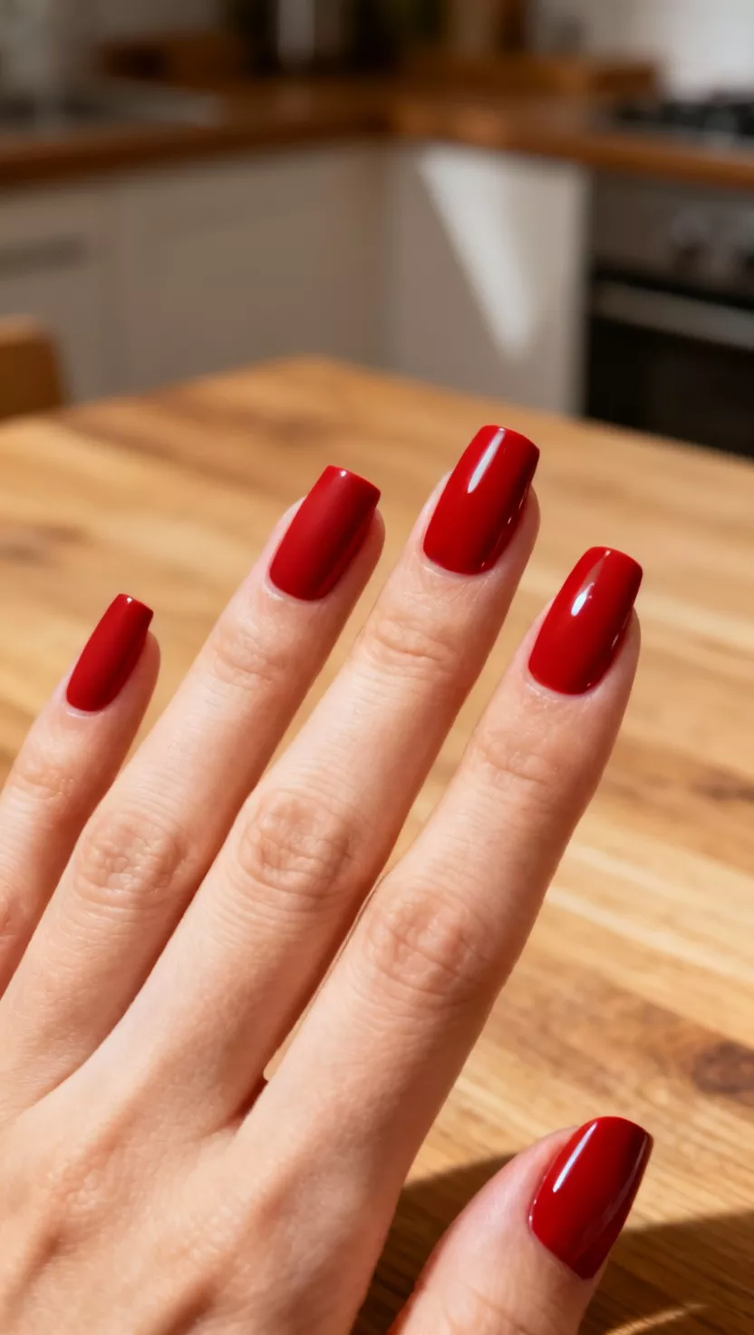 close-up shot of a woman’s hand with five fingers showing nails with a matte candy apple red polish and extremely glossy, defined tips, kitchen table background.