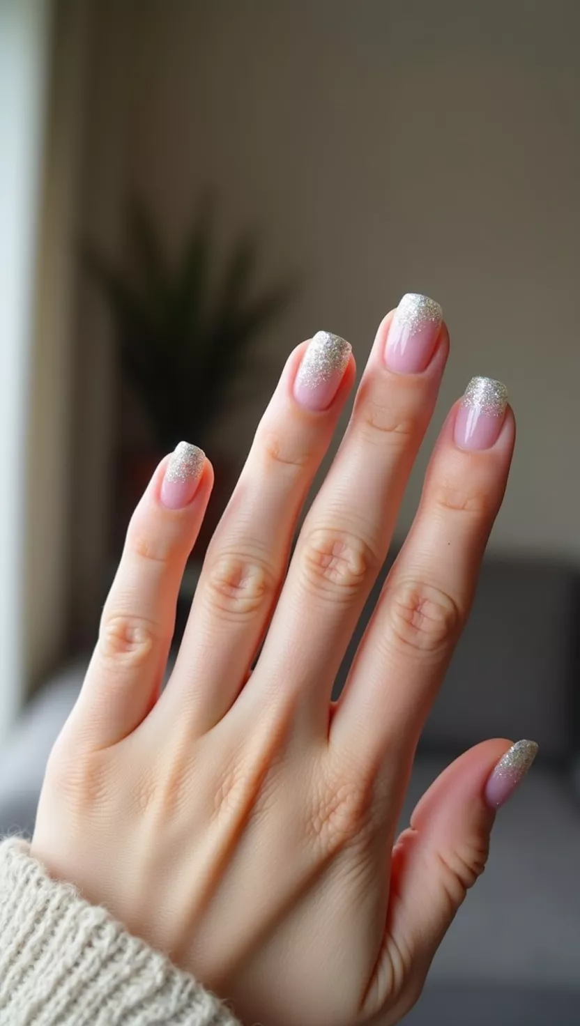 close-up shot of a woman’s hand with five fingers showing nails with a barely there pale pink base coat surrounded by a halo of iridescent fine glitter just around the edges of the nail, living room background.