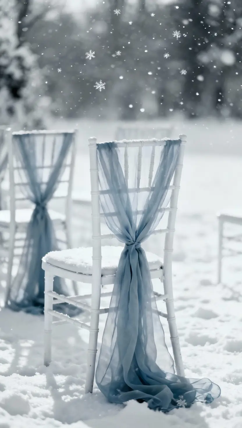 A photo of a serene outdoor snowy scene featuring light blue-gray chiffon draped elegantly over white chiavari chairs, creating a monochromatic, soft focus look.