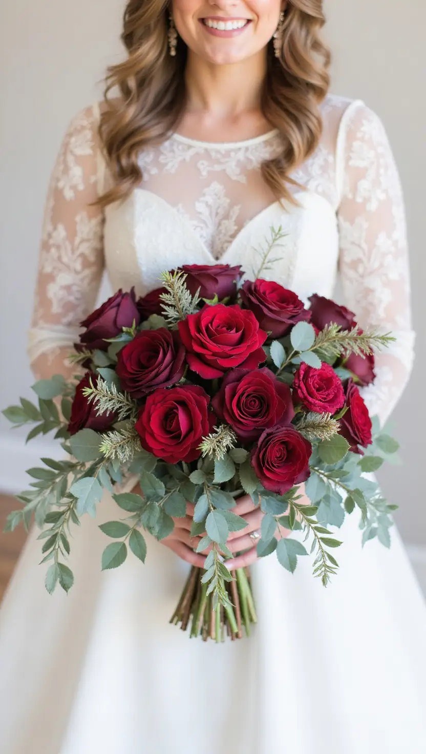 Burgundy Winter Wedding Bouquet With Greenery
