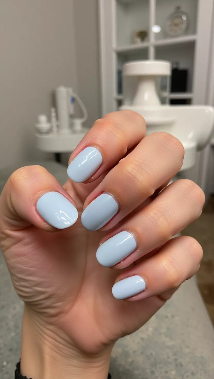 Icy Blue close-up shot of a woman’s hand with five fingers showing nails with a very light, almost white, pastel icy blue opaque polish, room background