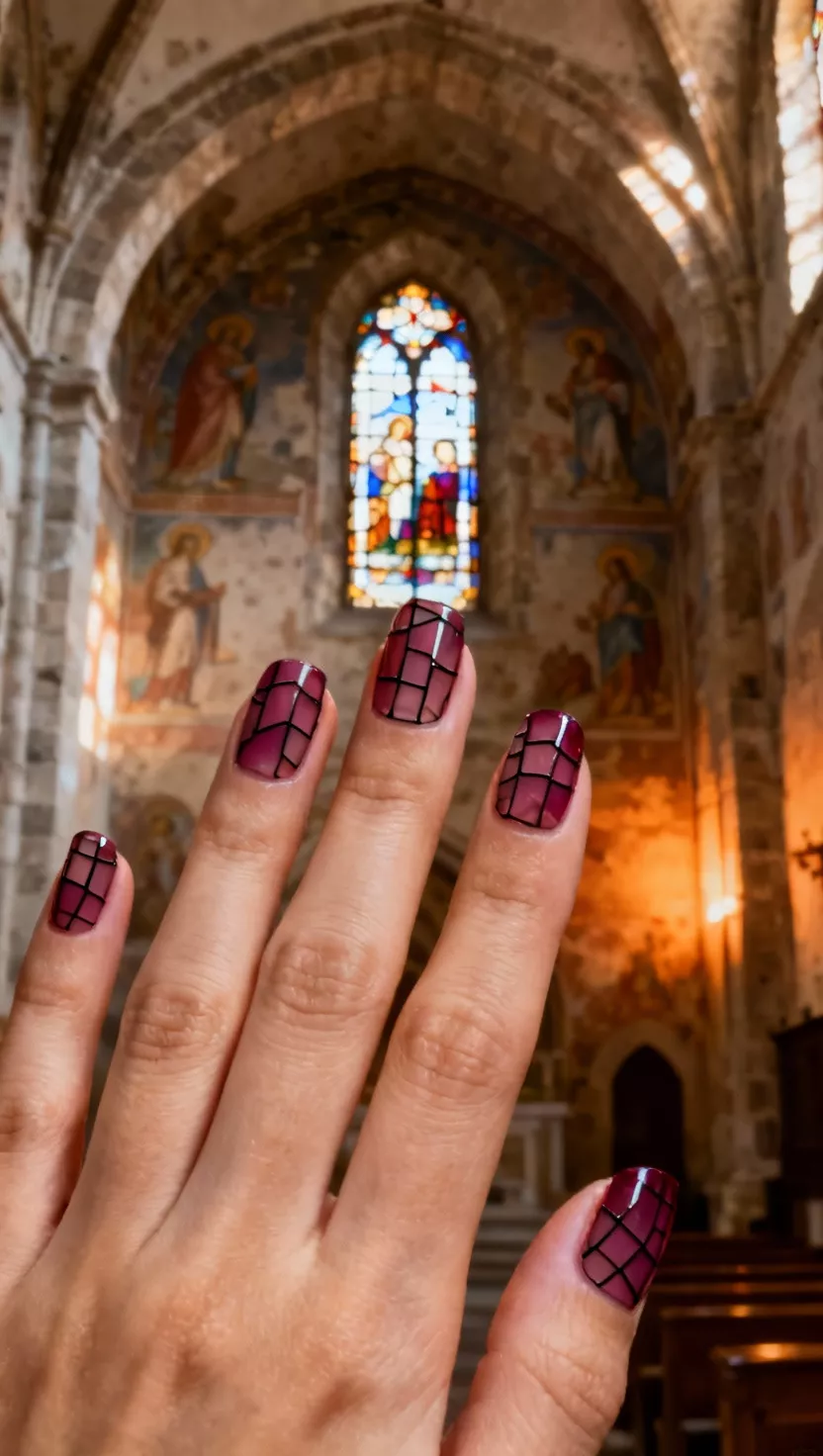close-up shot of a woman’s hand with five fingers showing nails with a deep berry translucent polish overlaid with thin, irregular black lines mimicking a stained glass window, old European church interior background.