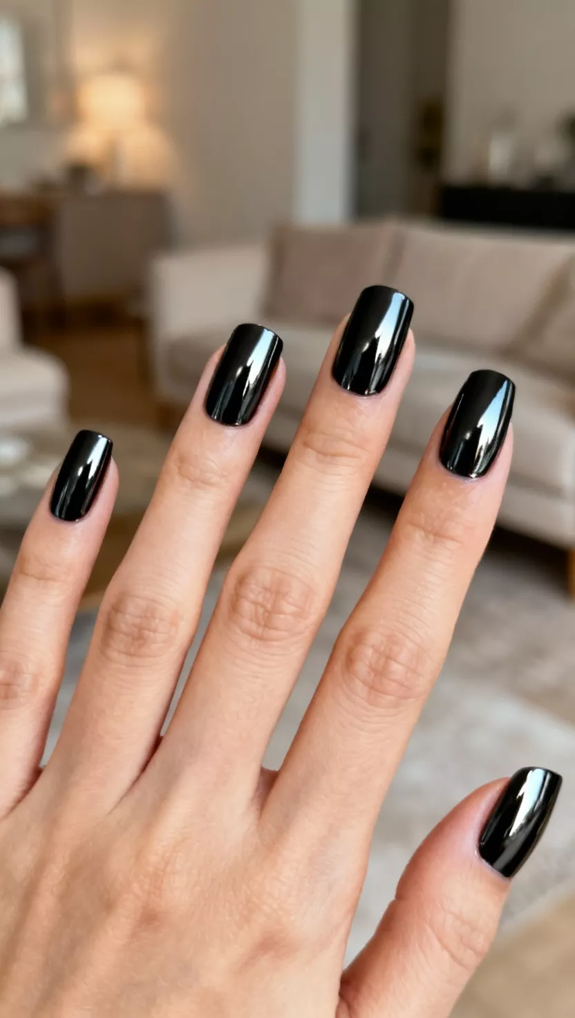 close-up shot of a woman’s hand with five fingers showing nails with a highly reflective, flawless chrome black finish achieved with chrome powder, living room background.