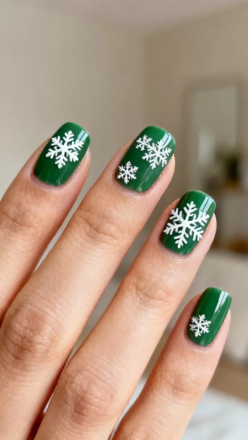 close-up shot of a woman’s hand with five fingers showing nails with a solid hunter green base and delicate, hand-painted white snowflake designs, room background.