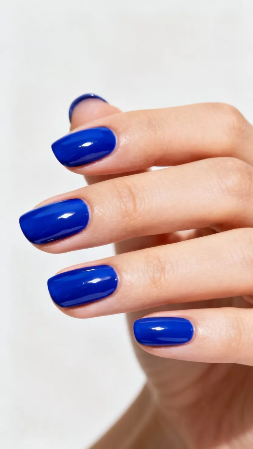 close-up shot of a woman’s hand with five fingers showing nails with a vibrant, highly pigmented royal blue shade with an extremely glossy finish, close-up nail photography, nail polish designs, pinterest aesthetic