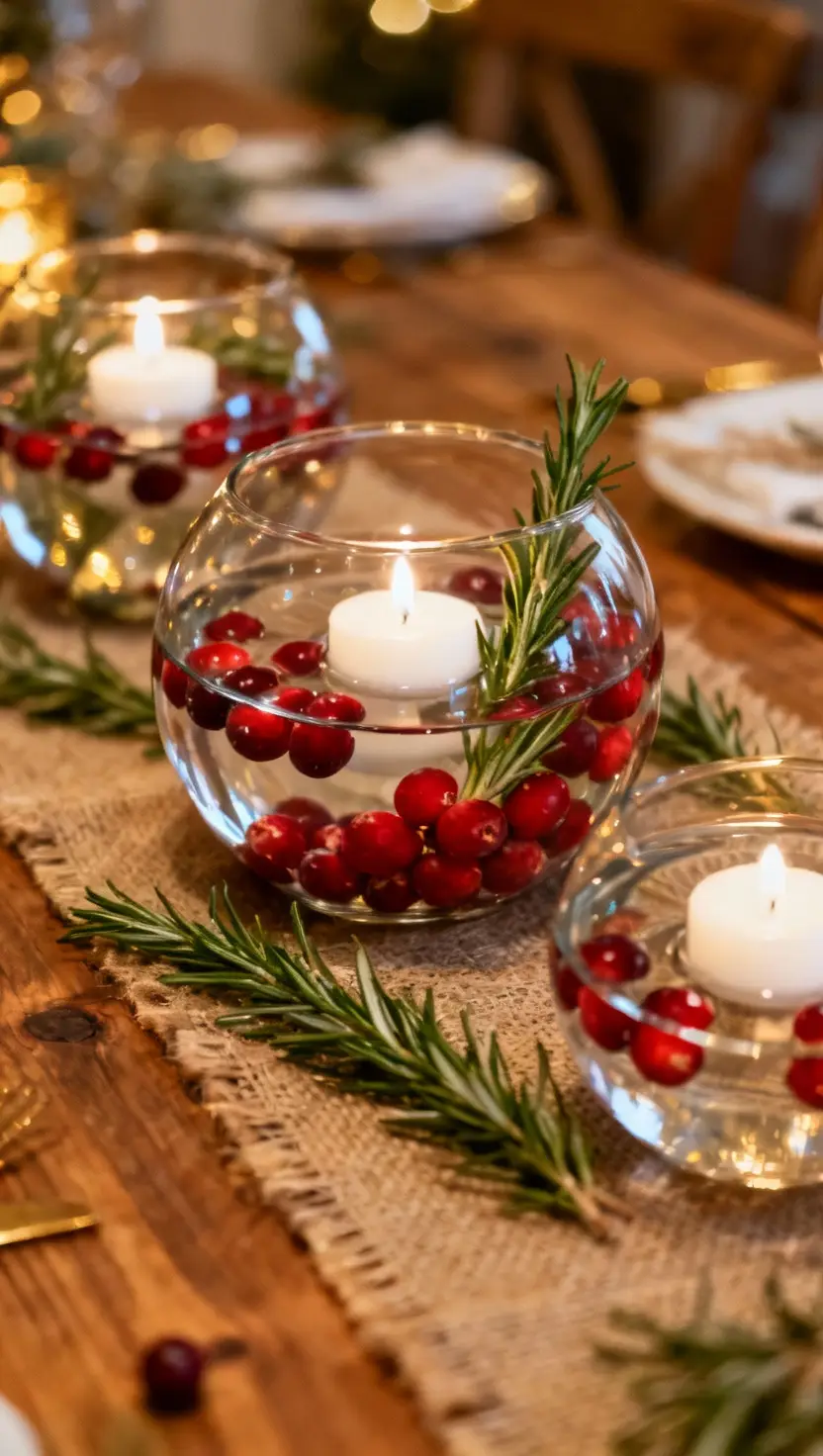 A wedding table centerpiece featuring clear glass bowls filled with water, floating white candles, bold red cranberries, and sprigs of fresh green rosemary, embodying rustic holiday charm.