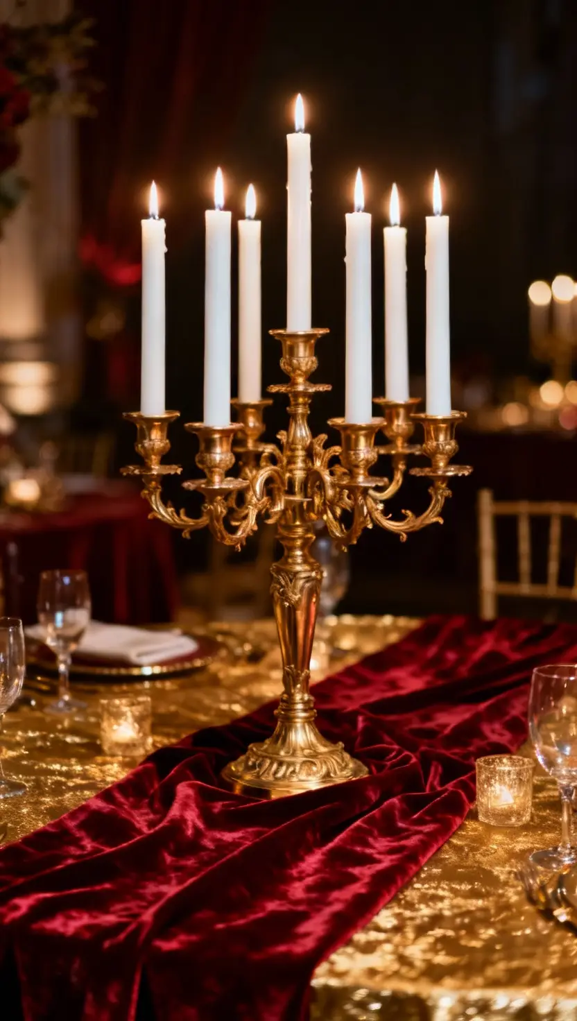 Centerpiece With Gold Candelabras and Tall Taper Candles