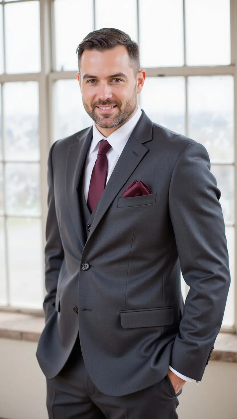 Charcoal Grey Suit With Burgundy Accents