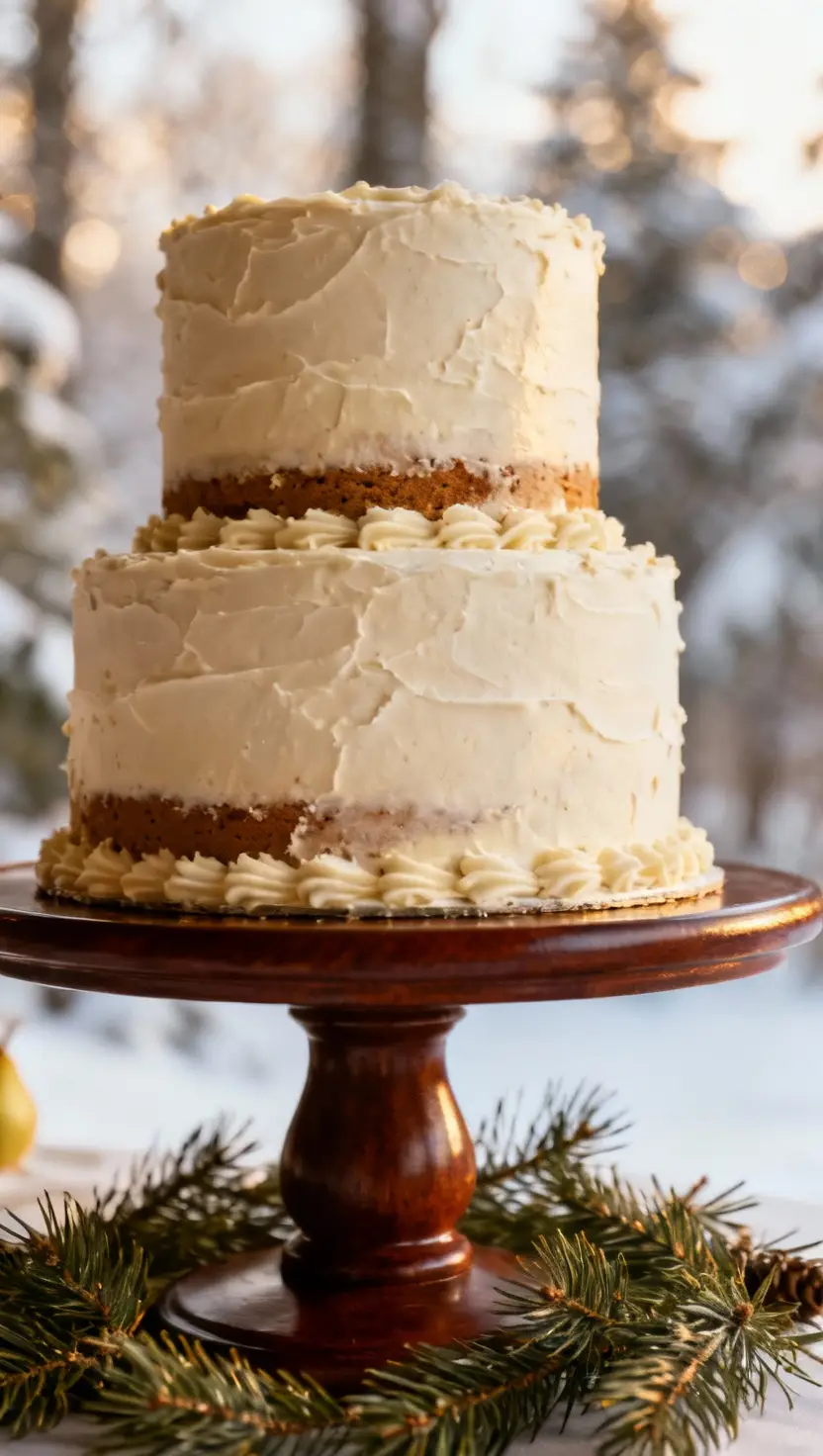 A professional photo, similar to a photo in a wedding magazine, of a three-tiered wedding cake frosted in a muted winter ivory, featuring subtle seasonal flavors like spiced pear or gingerbread, placed on a mahogany stand with pine accents.