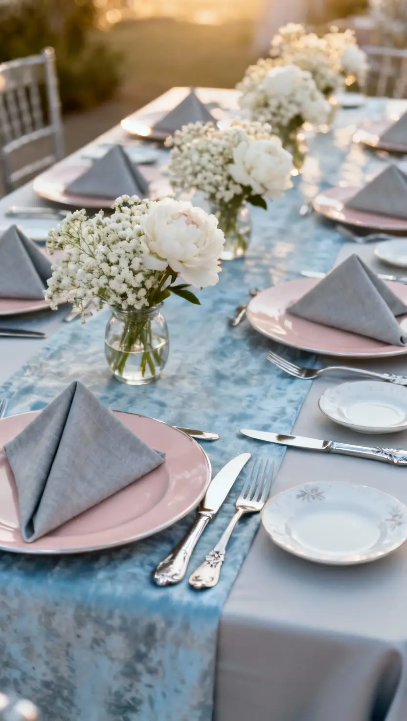 A professional photo, similar to a photo in a wedding magazine, of a sophisticated table setting utilizing a muted color palette of icy blues, soft grays, and blush pinks, accented with silver cutlery and simple white floral arrangements.