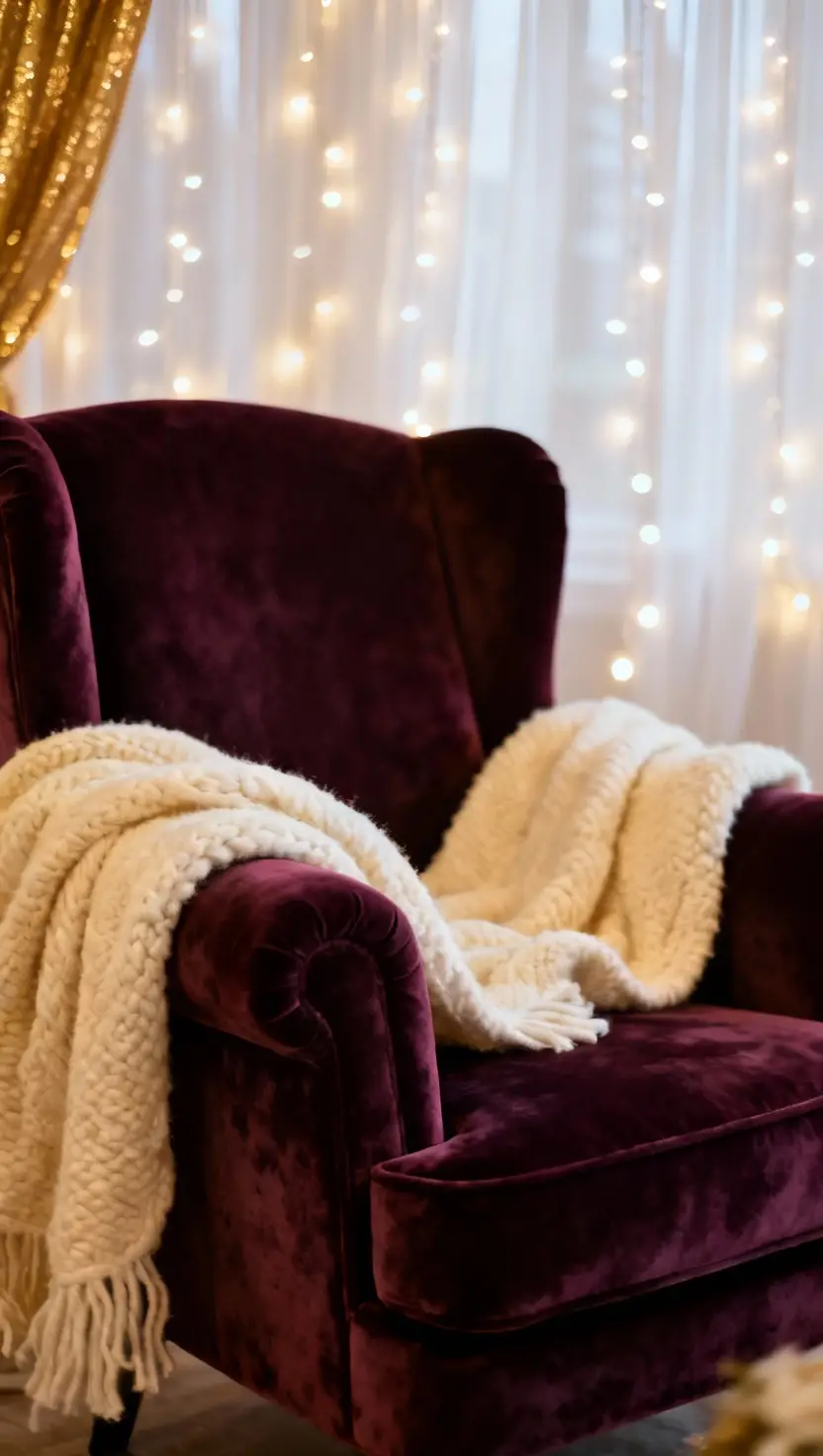 A professional photo, similar to a photo in a wedding magazine, of a cozy wedding lounge area created with plush velvet armchairs, thick wool throws, and an illuminated backdrop made of sheer white curtains draped with fairy lights.