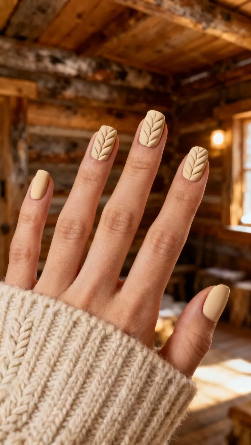 close-up shot of a woman’s hand with five fingers showing nails with a matte cream beige polish featuring three dimensional raised lines mimicking a classic cable knit sweater pattern, rustic wooden cabin interior background.
