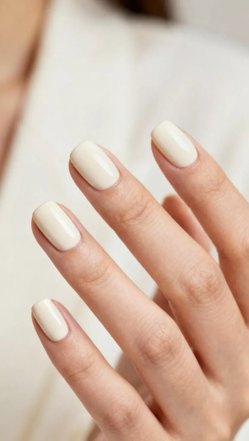 close-up shot of a woman’s hand with five fingers showing nails with a creamy, rich off-white color, like ivory or cream, close-up nail photography, nail polish designs, pinterest aesthetic