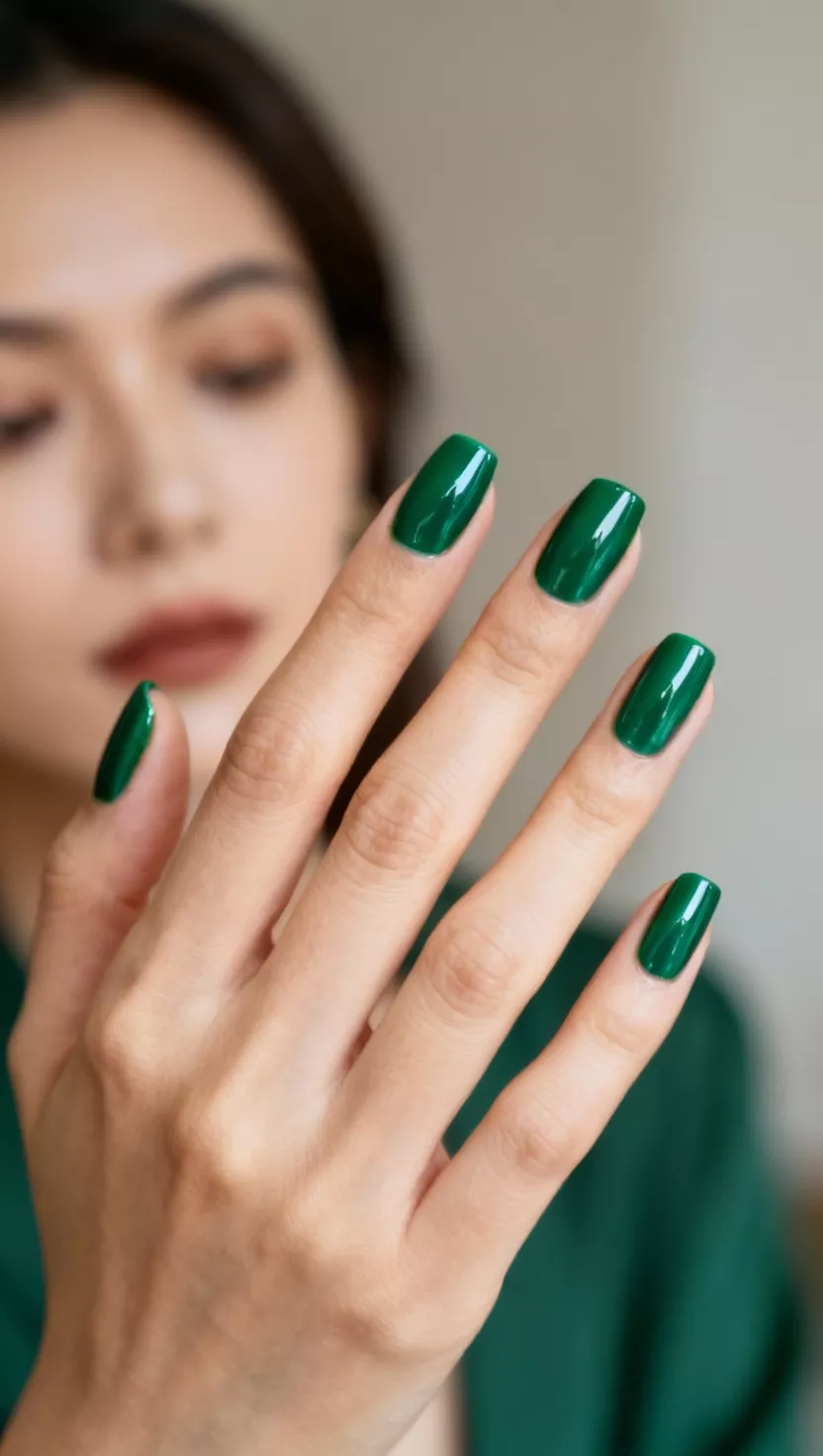 close-up shot of a woman’s hand with five fingers showing nails with a vibrant, highly pigmented jewel-toned emerald green with extreme gloss, close-up nail photography, nail polish designs, pinterest aesthetic
