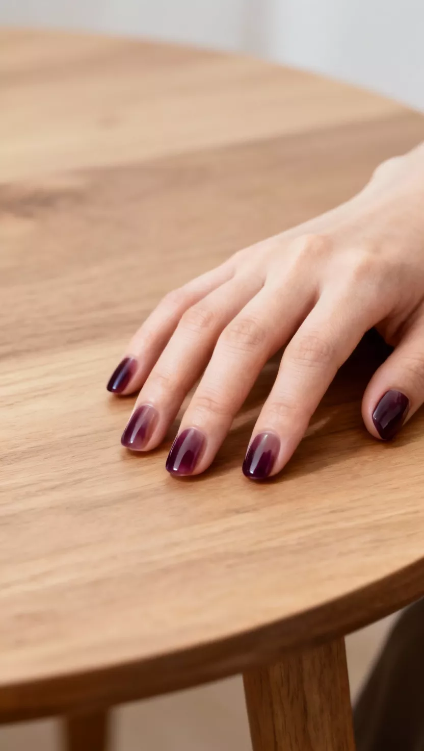 close-up shot of a woman’s hand with five fingers showing nails with a transparent, dark plum jelly polish, minimalist wood table background.