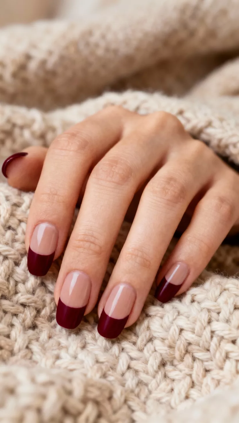 close-up shot of a woman’s hand with five fingers showing nails with a nude base and dramatic matte burgundy tips in a modern French manicure style, textured knitted blanket background.