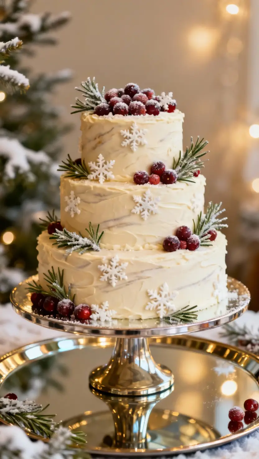 A professional photo, similar to a photo in a wedding magazine, of a wedding cake decorated with elegant seasonal details, like candied cranberries, sugared rosemary sprigs, and delicate fondant snowflakes, sitting on a mirrored pedestal.