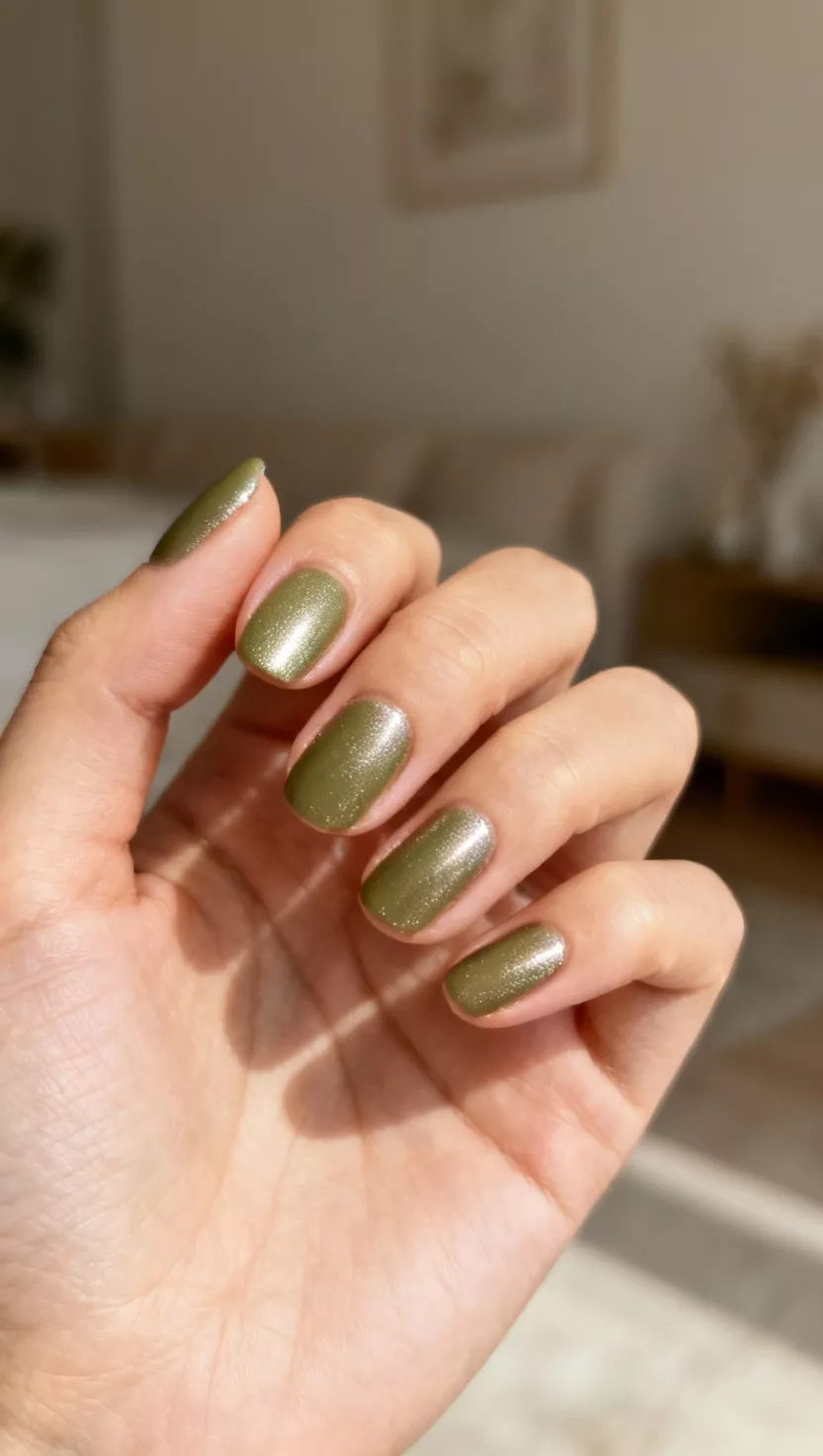 close-up shot of a woman’s hand with five fingers showing nails with a full coverage metallic khaki green polish with a slight sheen, room background.