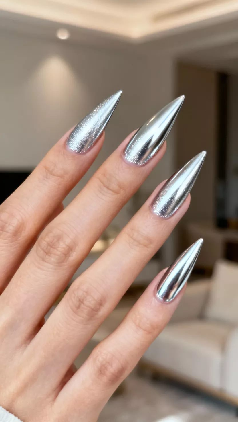 close-up shot of a woman’s hand with five fingers showing nails with sharp stiletto shape featuring an intense, shimmering icy silver chrome applied only to the tips creating a French manicure look, living room background