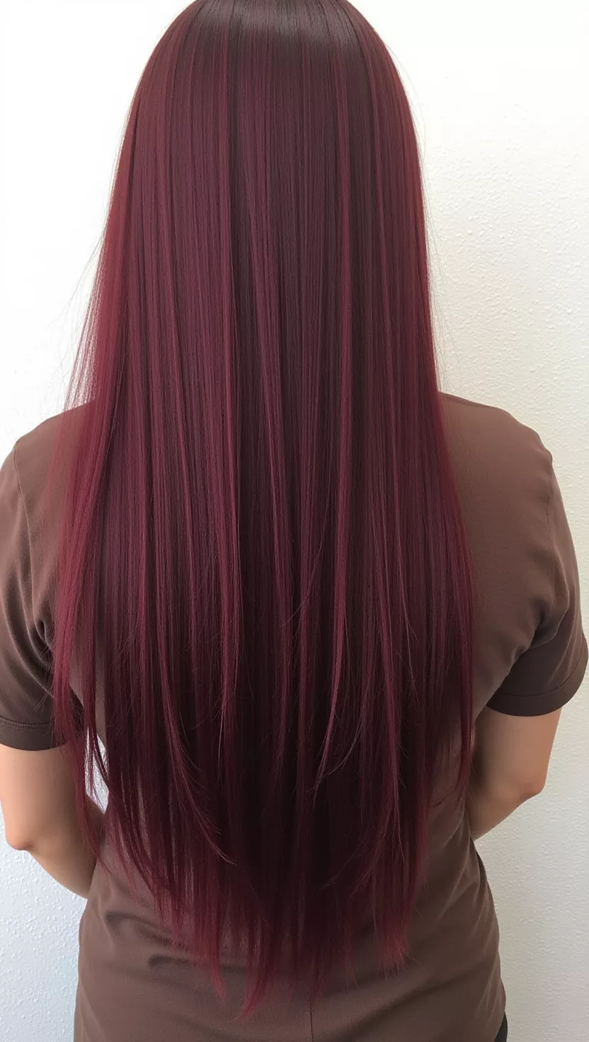 A photo of a 36-year-old woman with a Mulled Wine colored long hairstyle, back view.