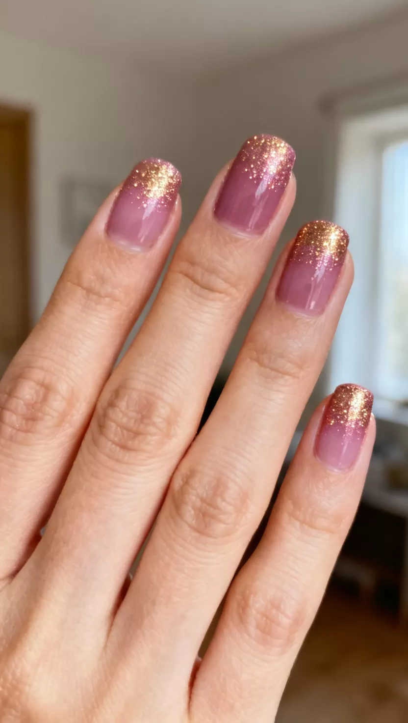 Rose Gold Glitter Fade close-up shot of a woman’s hand with five fingers showing nails with a smooth mauve pink base fading out toward the tips where concentrated rose gold glitter adds intense sparkle, room background.