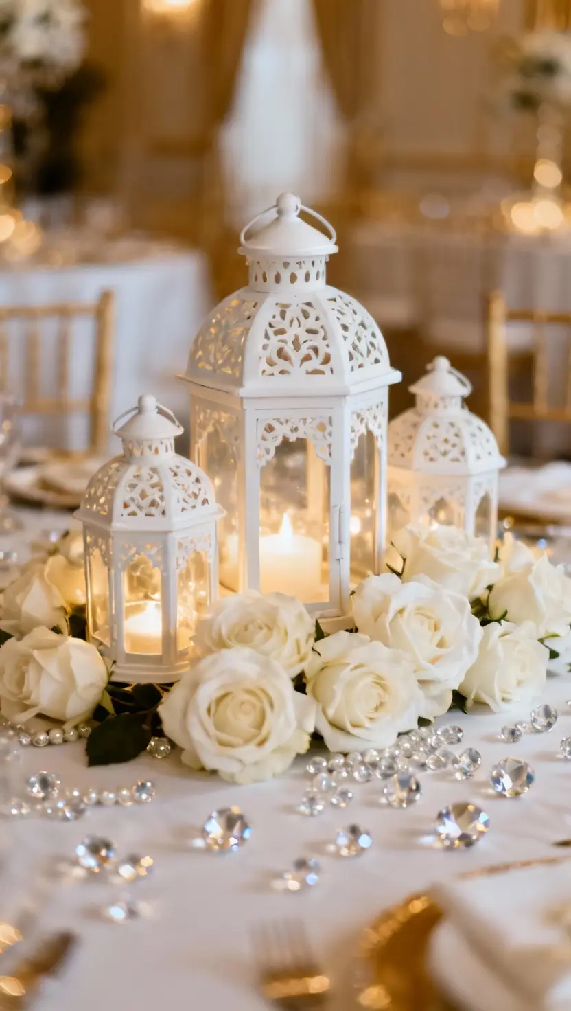 Elegant Wedding Centerpiece With White Candlelit Lanterns