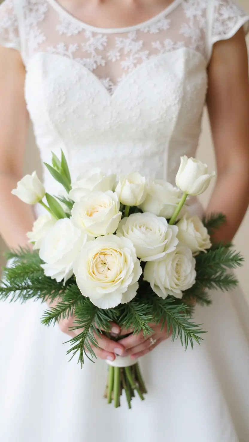 Elegant White Winter Wedding Bouquet Finished With Evergreens