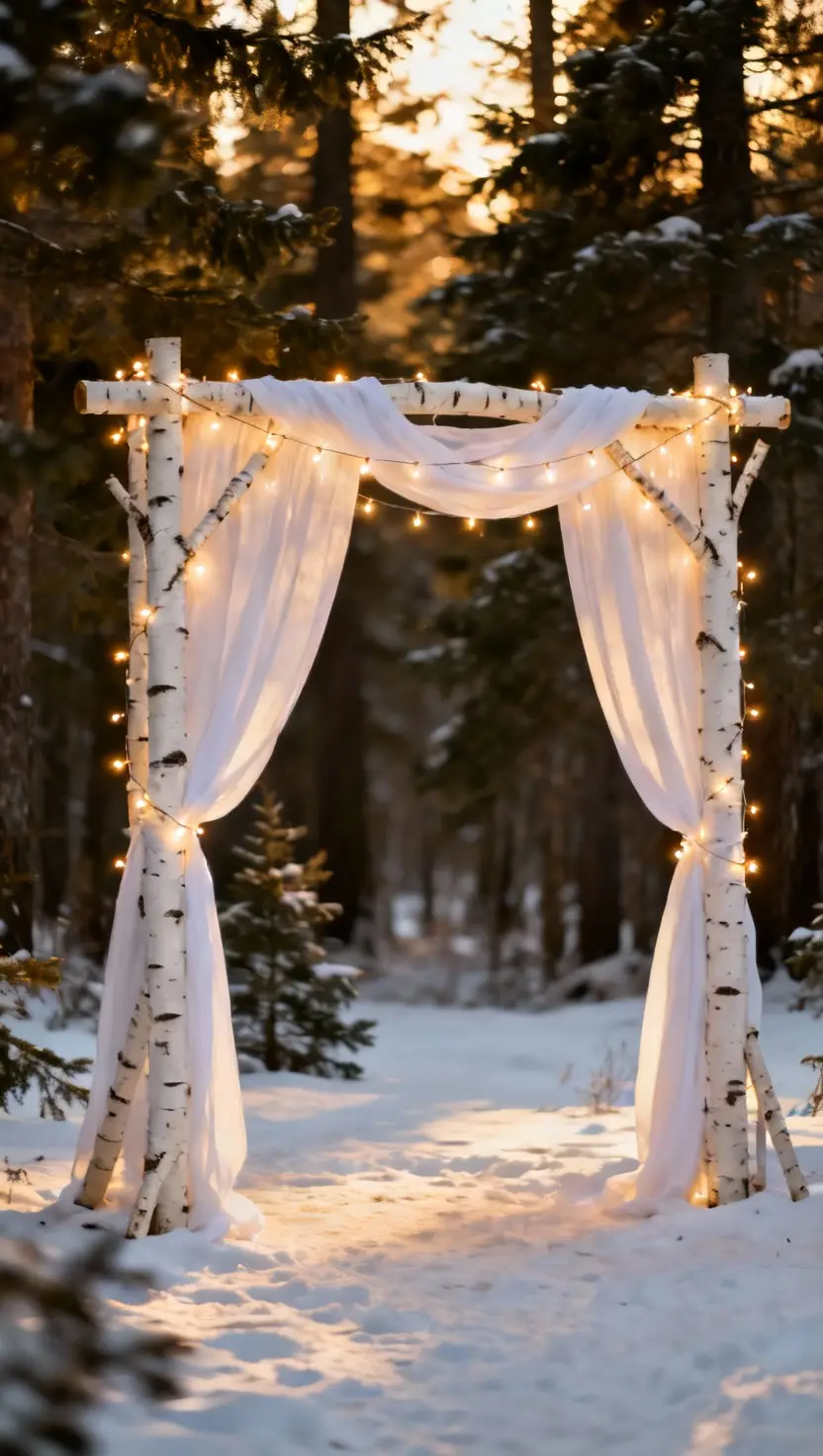 A professional photo, similar to a photo in a wedding magazine, of a rustic wedding arch decorated predominantly with white birch branches and draped with soft white fabric, illuminated by warm string lights in a winter forest setting.