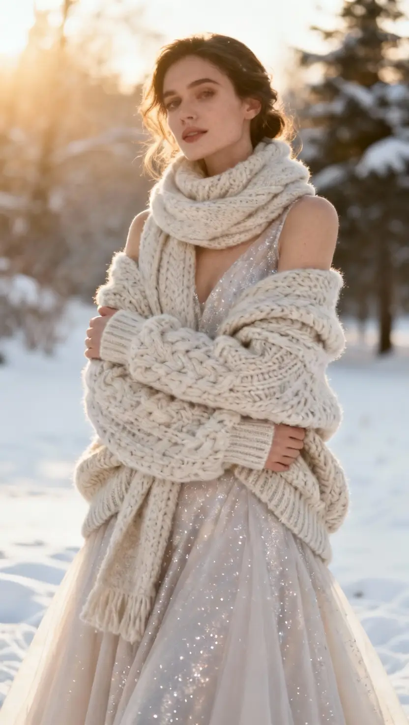 A professional photo, similar to a photo in a wedding magazine, of a stylish bride embracing chunky knit layers over her elegant gown, standing in soft winter sunlight against a snowy backdrop, capturing the cozy yet chic aesthetic.
