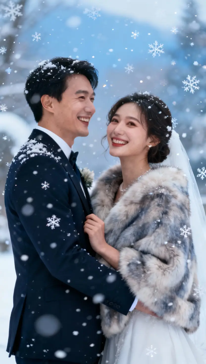 A professional photo, similar to a photo in a wedding magazine, of a newly married couple joyfully standing outside in a gentle snowfall, the bride wearing a stylish faux fur wrap, the groom in a dark suit, capturing the crisp winter feeling.