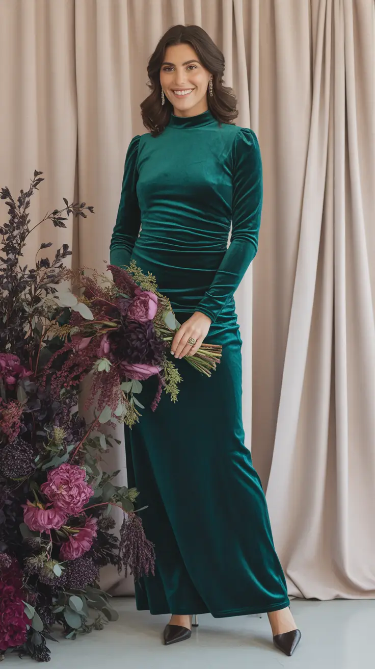 Emerald Ruched Velvet Mock Neck Maxi Dress
