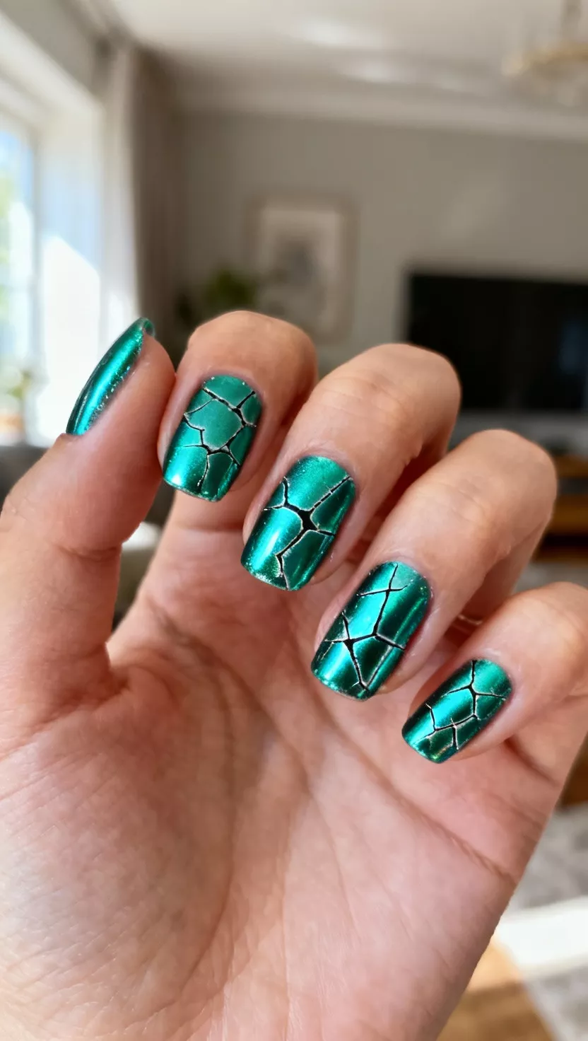 close-up shot of a woman’s hand with five fingers showing nails with a vibrant metallic teal chrome featuring a subtle cracked ice or shattered glass texture, living room background