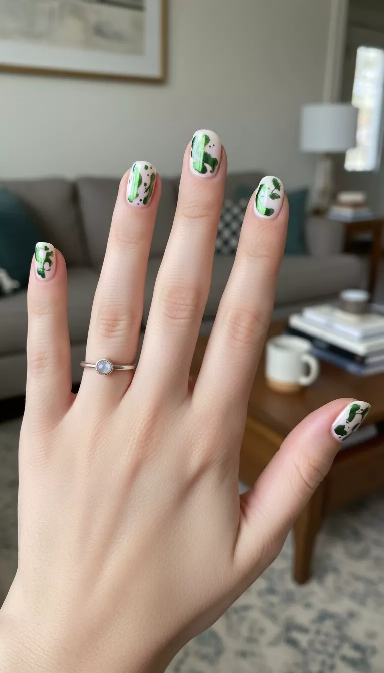 close-up shot of a woman’s hand with five fingers showing nails with a milky white base and randomly placed abstract smears of chrome green polish, room background.