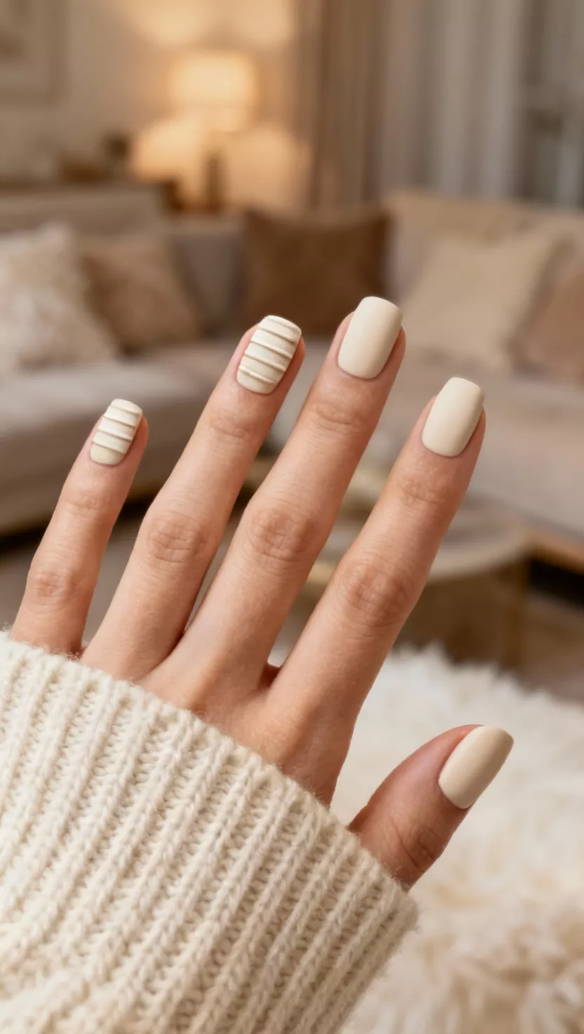 close-up shot of a woman’s hand with five fingers showing nails with a matte cream polish and textured horizontal lines mimicking a sweater knit, a cozy living room background.