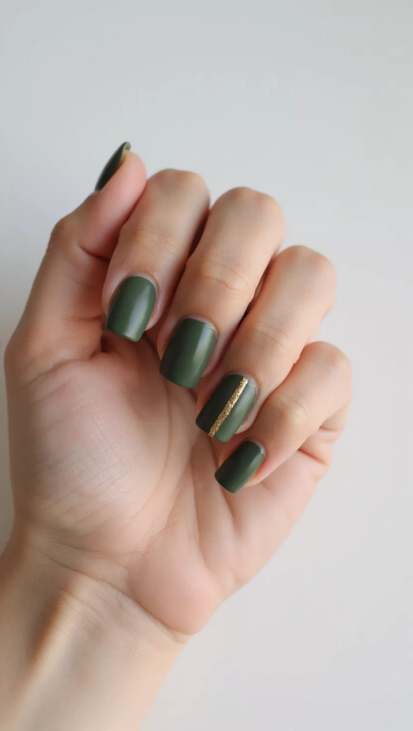 close-up shot of a woman’s hand with five fingers showing nails with a deep army green matte polish with one vertical, perfectly straight thin gold stripe down the center of the ring finger, a minimalist white desk background.