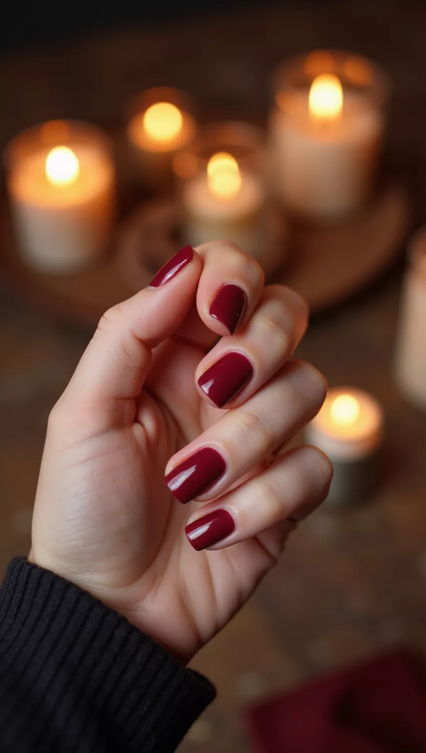 close-up shot of a woman’s hand with five fingers showing nails with a deep, intensely glossy cranberry wine red polish, bokeh effect of glowing candles in the room background.