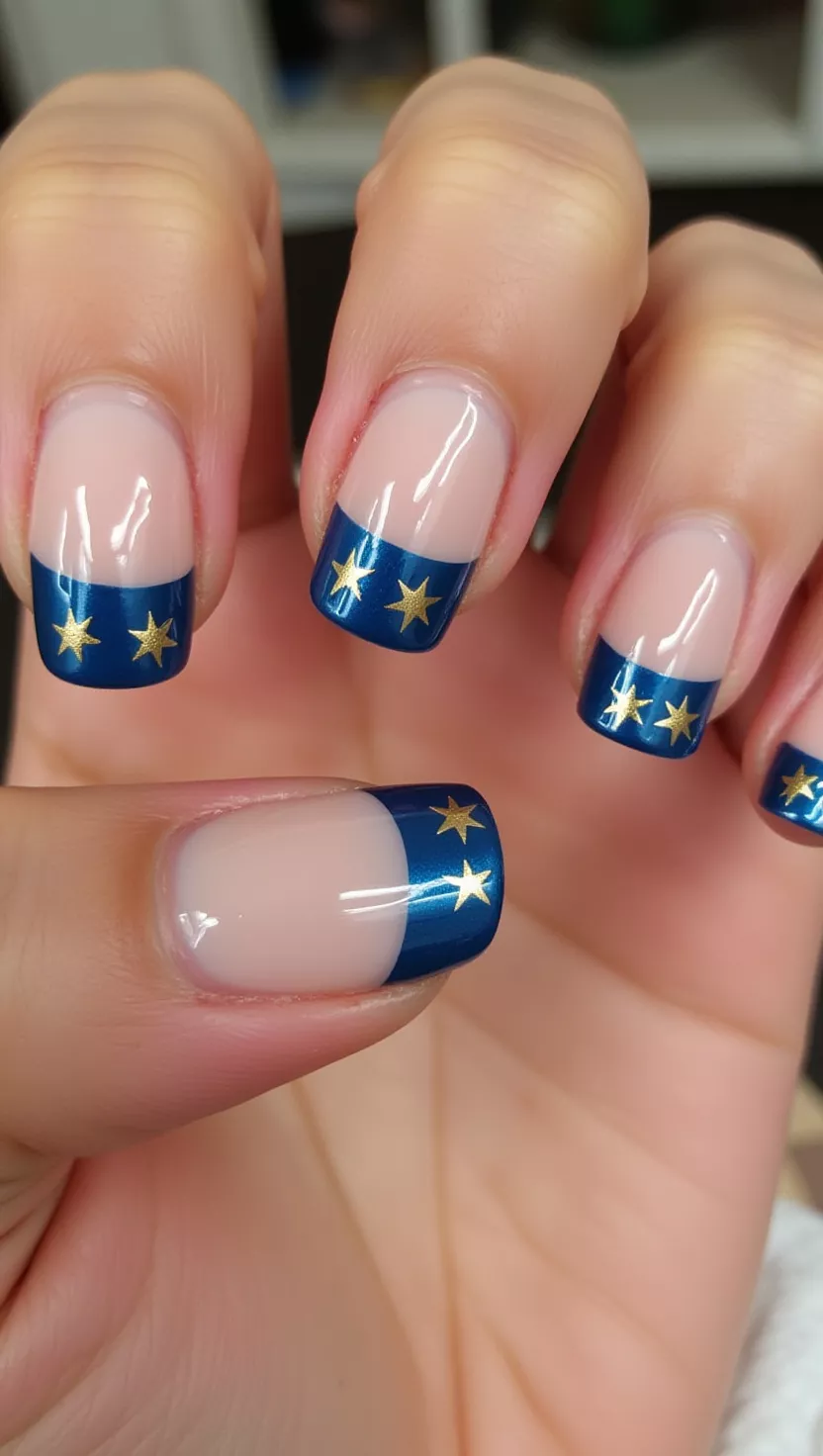 Celestial French close-up shot of a woman’s hand with five fingers showing nails with a sheer nude base and deep blue French tips decorated with tiny gold star decals, room background