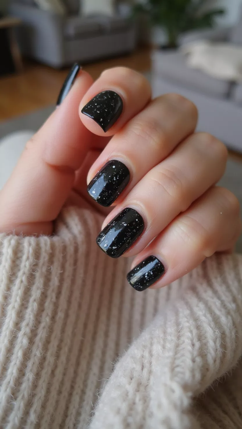 close-up shot of a woman’s hand with five fingers showing nails with a glossy black base covered in sparsely scattered, tiny white microdots to resemble delicate falling snow, living room background.