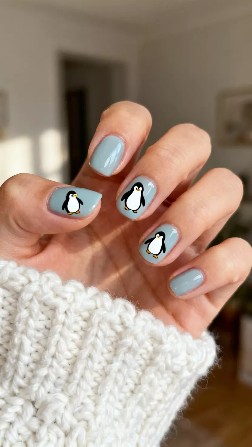 Tiny Penguin Decals close-up shot of a woman’s hand with five fingers showing nails with a pale blue-grey base featuring small, stylized black and white penguin decals on two accent nails, chunky white knit sleeve edge in the room background.