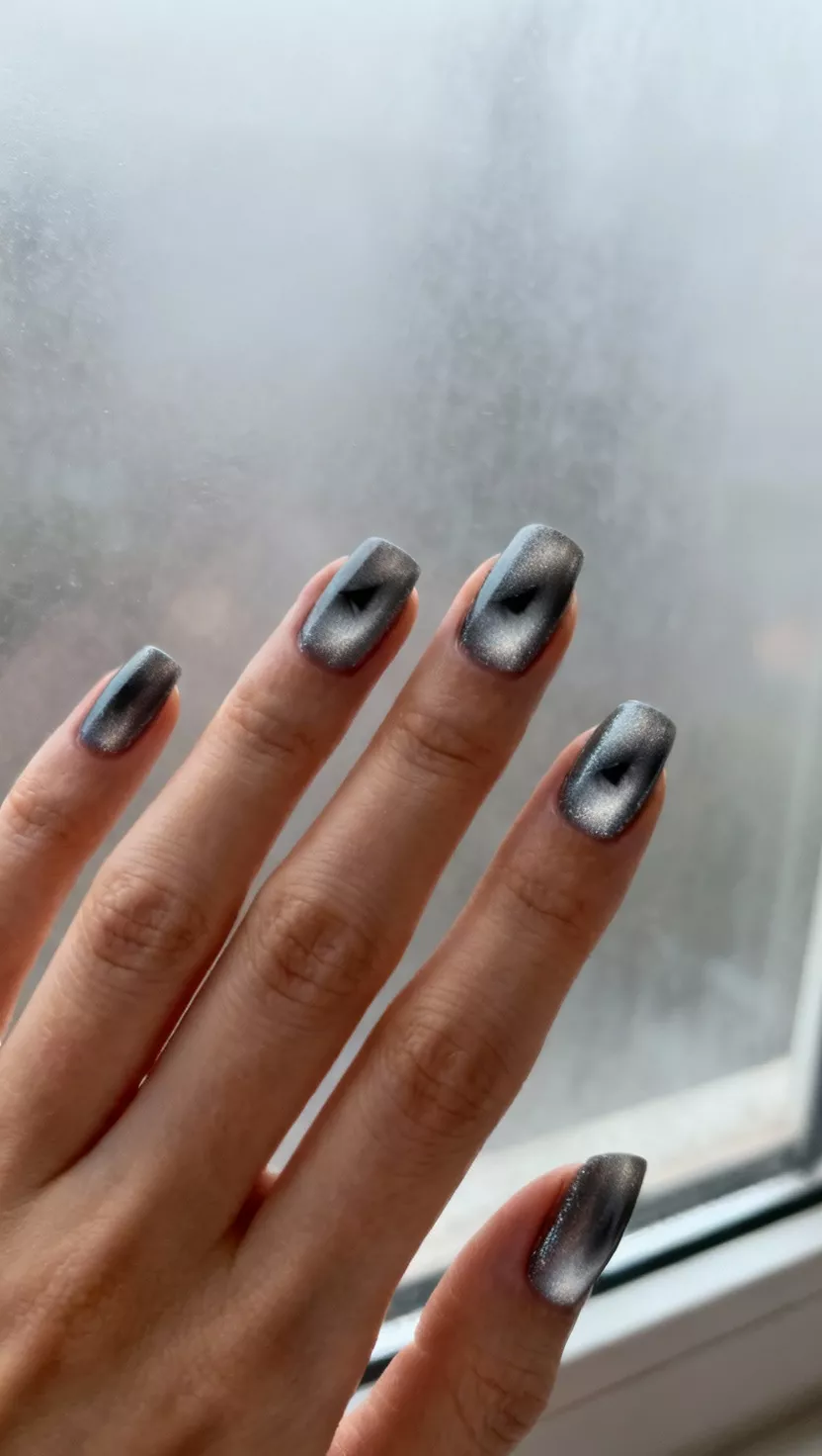 close-up shot of a woman’s hand with five fingers showing nails with a magnetic smoky gray polish creating a dynamic cat eye effect, foggy window background.