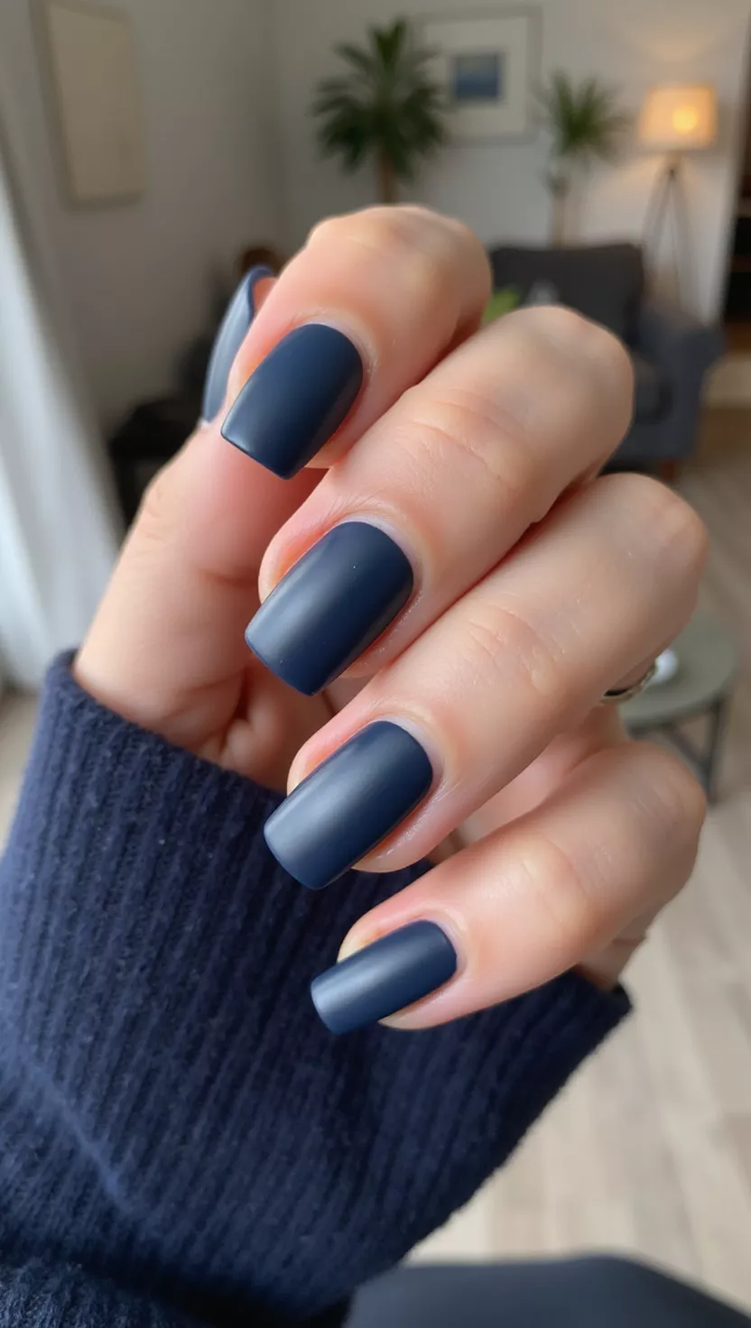 close-up shot of a woman’s hand with five fingers showing nails with a deep, dark matte midnight blue polish, living room background.