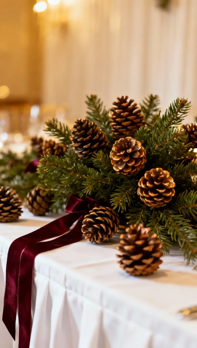 Festive Wedding Centerpiece With Evergreens and Pinecones