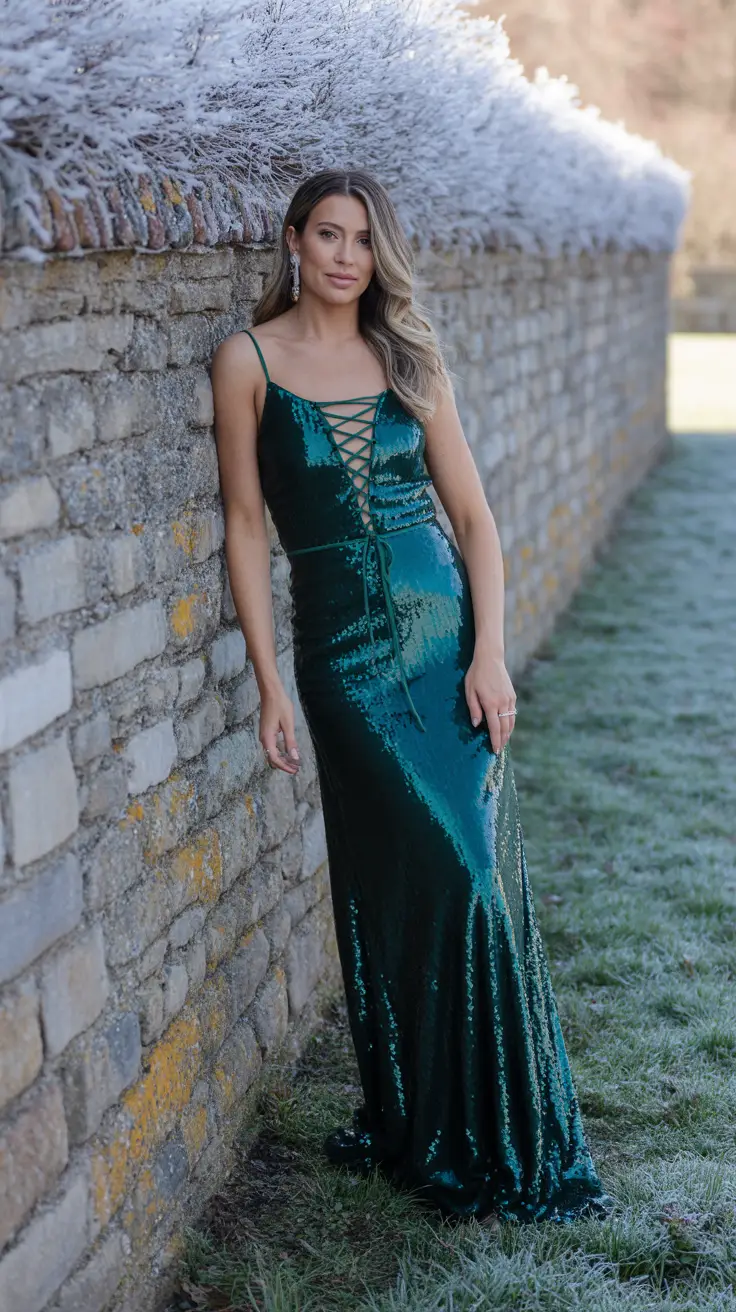 Forest Green Sequin Lace-up Maxi Dress