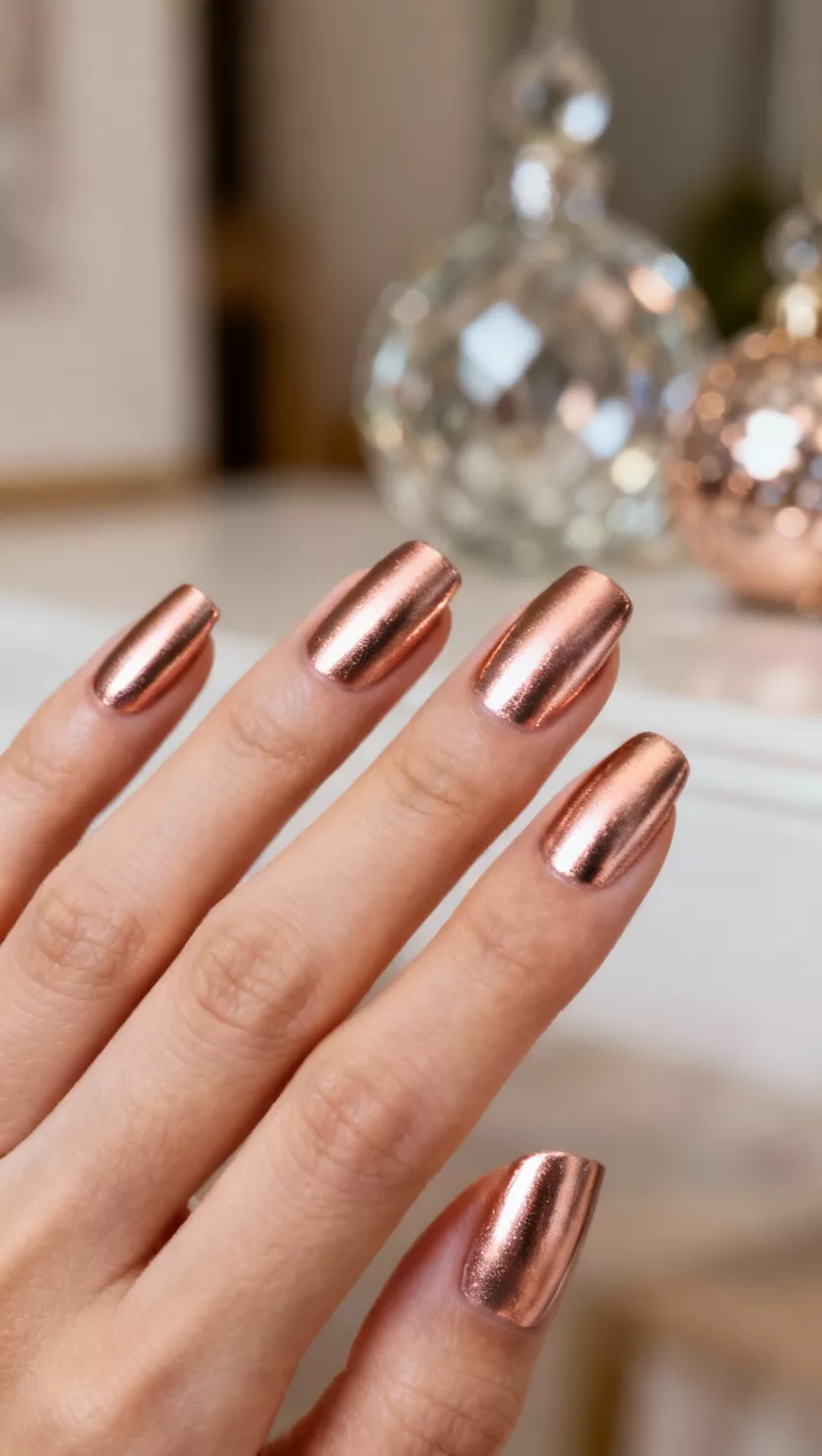 Rose Gold Metallic Mirror close-up shot of a woman’s hand with five fingers showing nails with a flawless, chrome-like rose gold metallic finish, blurry image of decorative glass ornaments in the room background.