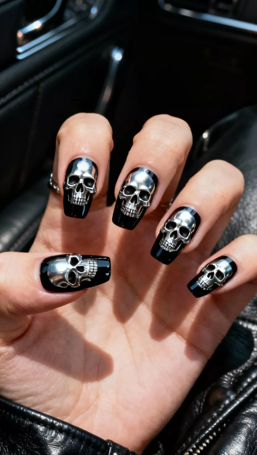 close-up shot of a woman’s hand with five fingers showing nails with a glossy black base stamped with repetitive, detailed metallic silver skull patterns, edgy, leather-clad interior background.