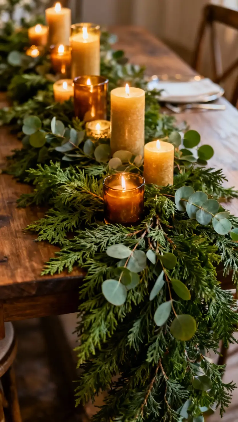 Greenery Table Runner Centerpiece and Candles