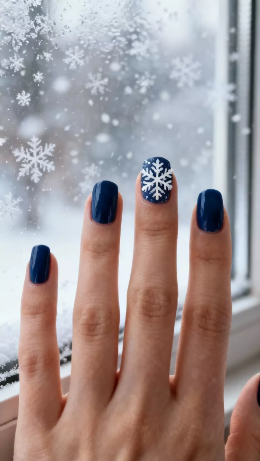 Snowflake Design on a Single Nail close-up shot of a woman’s hand with five fingers showing nails with four nails painted a deep navy blue and one accent nail with a detailed white snowflake design, snowy window view background.