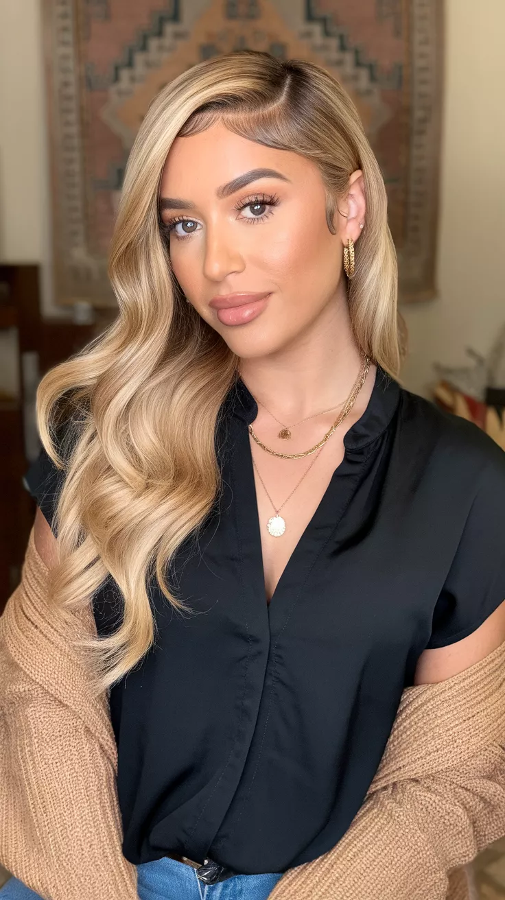 Champagne Blonde A photo of a 26-year-old woman with a Champagne Blonde colored long hairstyle, back view.