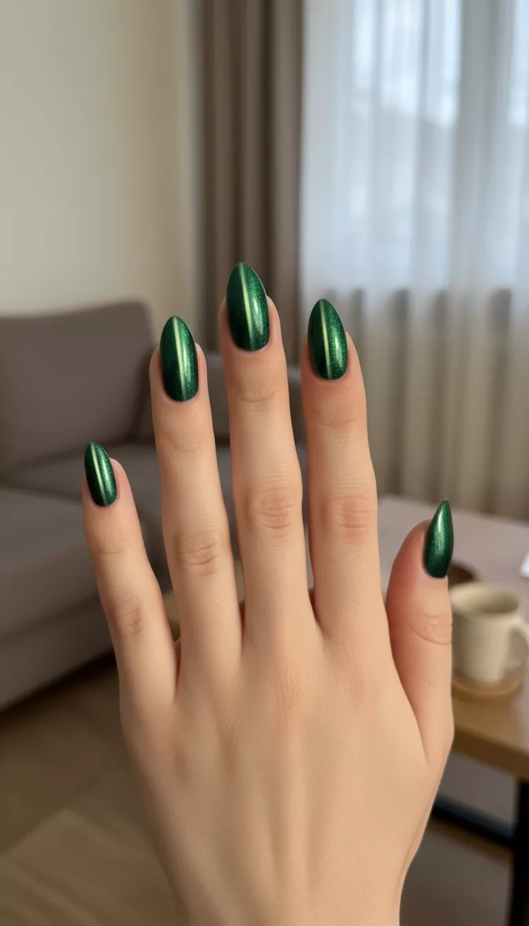 close-up shot of a woman’s hand with five fingers showing nails with a deep emerald green cat eye magnetic polish effect, showing a dramatic line of light down the center, room background.
