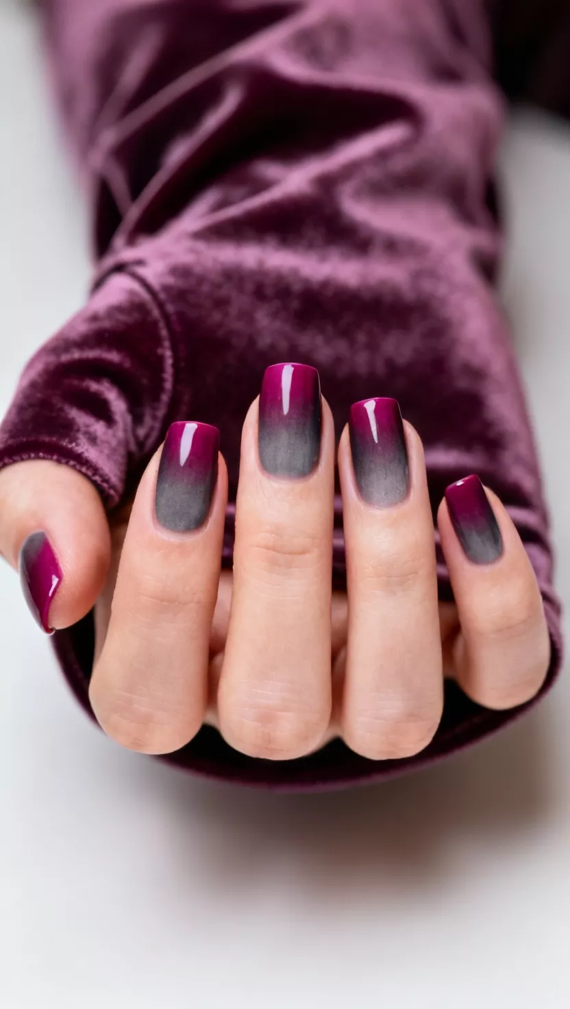 close-up shot of a woman’s hand with five fingers showing nails with a dark smoky gray blended into a deep magenta tip achieving a soft ombre effect, velvet glove background.